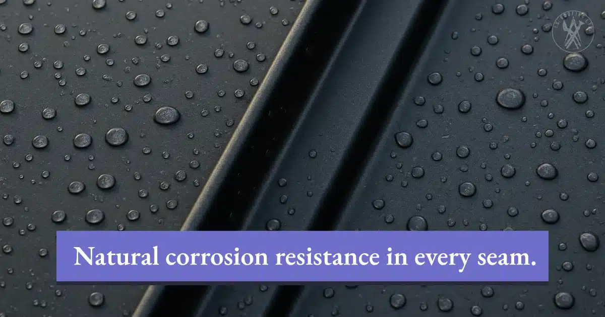 Close-up of standing seam roof with water droplets showing rust resistance.