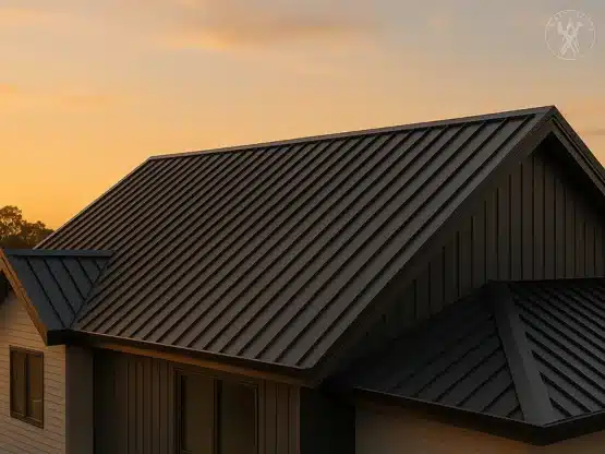 Sleek metal roof on modern home at sunset, showcasing architectural lines.