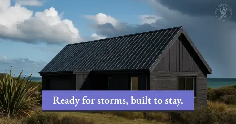 Modern black home with standing seam roof built for storm resilience.