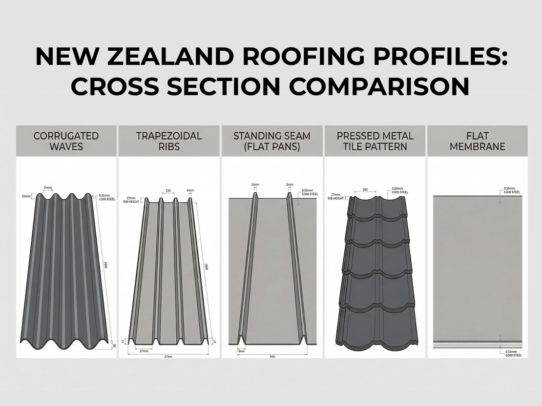 Roofing profiles nz cross-section comparison: corrugated, trapezoidal, standing seam, tile-look metal, flat membrane.