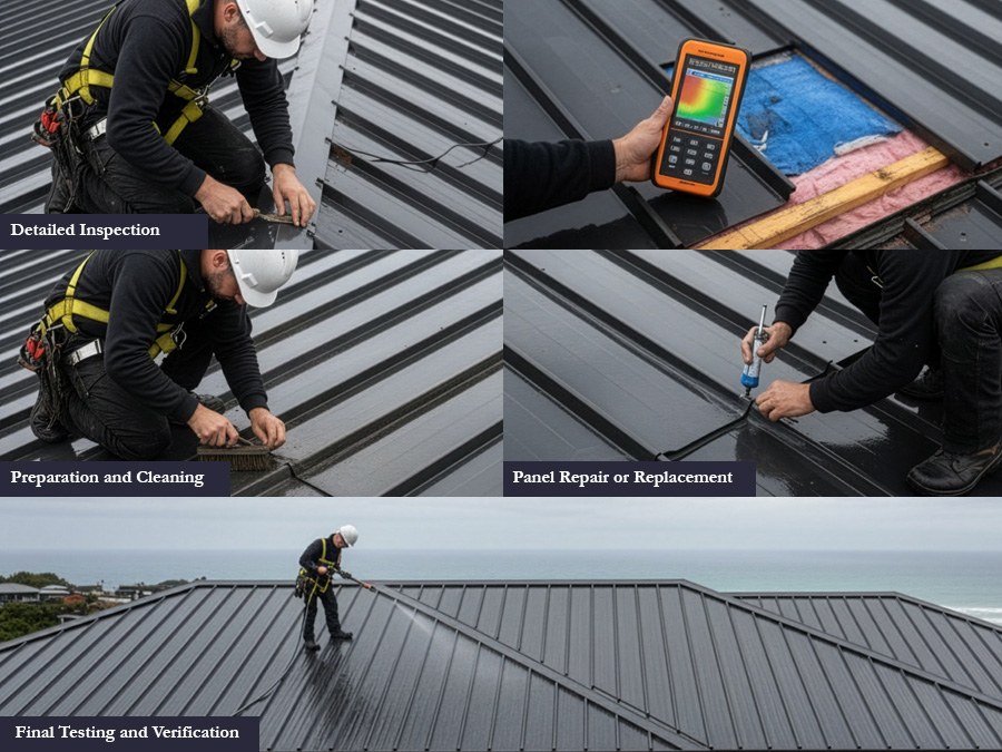 Roofing team inspecting, cleaning, and testing completed metal roof repair in Auckland.