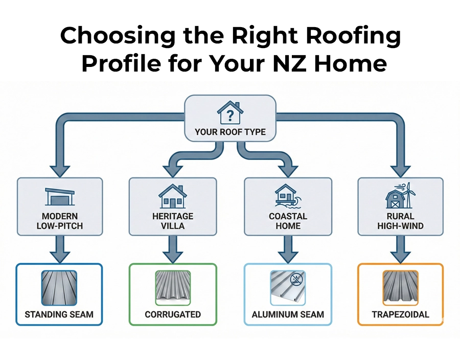 Roofing profiles nz decision chart matching roof type to standing seam, corrugated, aluminium seam, trapezoidal.