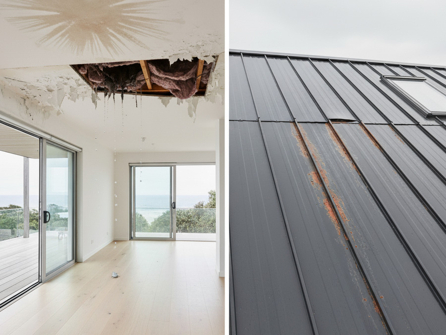 Ceiling leak and rusted metal roof panels showing need for roof repair in Auckland.