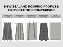Roofing profiles nz cross-section comparison: corrugated, trapezoidal, standing seam, tile-look metal, flat membrane.
