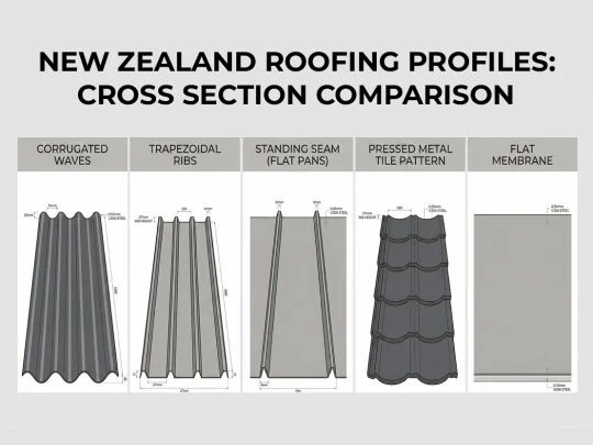 Roofing profiles nz cross-section comparison: corrugated, trapezoidal, standing seam, tile-look metal, flat membrane.